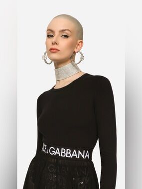 Dolce & Gabbana Black Logo Waist Long Sleeve Top with Crew Neck